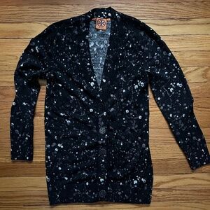 Tory Burch longline paint splatter merino wool cardigan sweater